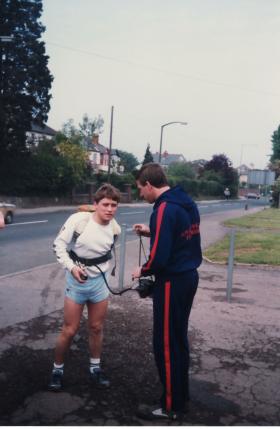 Roy Taylor during a 120 mile charity walk in breathing apparatus from Hereford to Bracknell, 1987