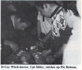 'Doc' Sibley stitching up Pte Robson during a party, 3 PARA, 1983.