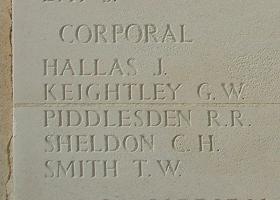 Close-up of inscription to Corporal Thomas William Smith, Panel 18 Column 1, Bayeux Memorial, Normandy.