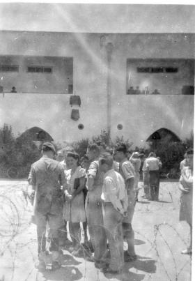 Suspects awaiting interrogation by Intelligence Officers, Tel Aviv, 30 July 1946.