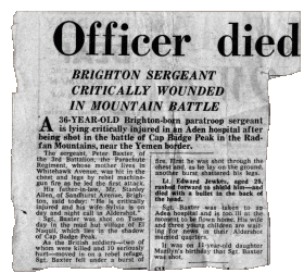 The local paper from Sgt P K Baxter's home town of Brighton reporting that he had been shot, 1964