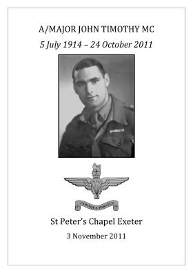 Order of service booklet for Maj John Timothy's funeral 3 November 2011