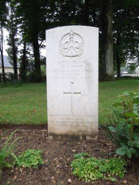 Headstone of Tpr MP Done, Ranville War Cemetery, May 2013.