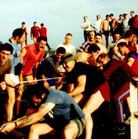The HQ COY team, winners of the Tug of War competition, 2 PARA Sports Day, MV Norland, 1982