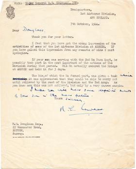 Letter to the parents of Lt Douglass from Major General Urquhart, 7 October 1944.