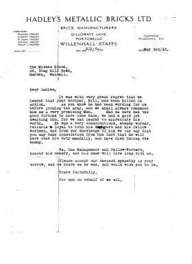 Condolence letter from W Blood's pre-war employers.