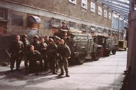 Members of 12 PL D COY, 2 PARA, with a Humber Pig, West Belfast, 1992.