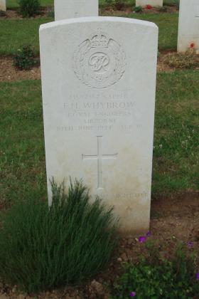Headstone for Sapper EH Whybrow, Ranville War Cemetery, 2010.