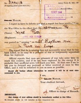 Missing in Action letter for Pte Wyke, Sept 1944