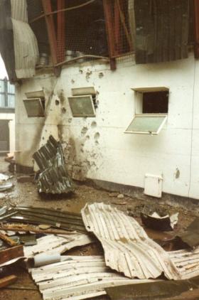 Crossmaglen Army Base following an IRA mortar attack, c1989.