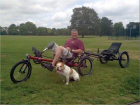 Yanto Evans with his tandem recumbant bike, raising funds for The Para Charity, August 2013.