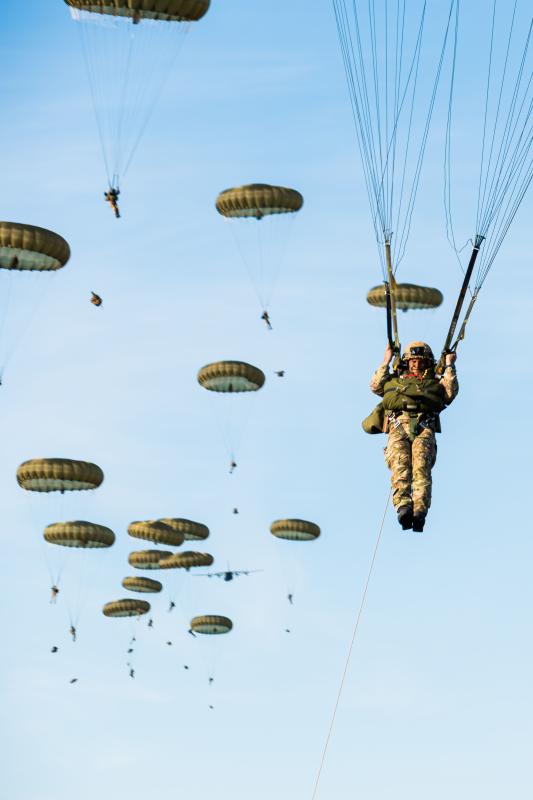 Parachute of the men of 16 AA Brigade dropping during Op. Tractable