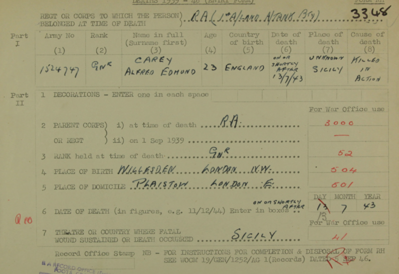 Gnr Alfred E Carey 1939-45 death entry form