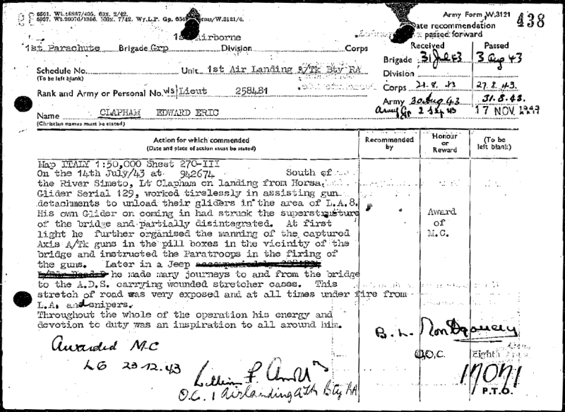Lt Edward E Clapham MC Citation, Sicily 1943 