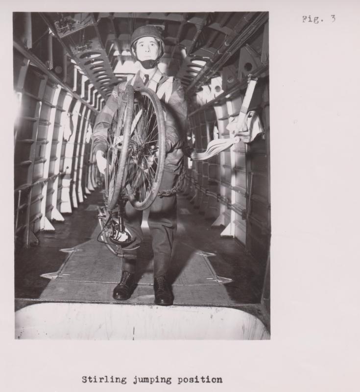 Folding push bike, rigged for parachuting as emplaned, 1944