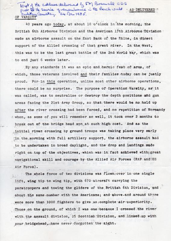 OS Text of address given by FM Bramwell CDO 24 Nov 1985 pg 1