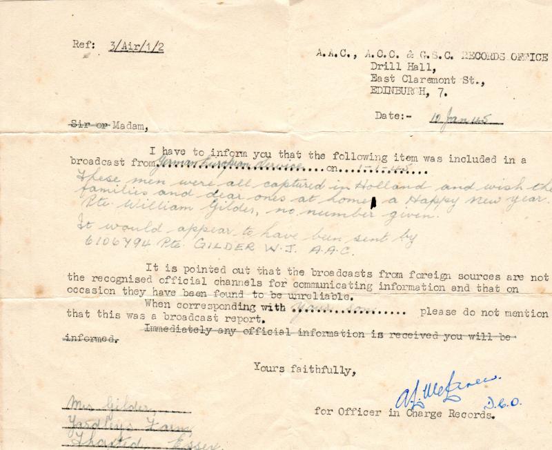WJ Gilder letter from AAC noting that he has featured in a German propaganda film
