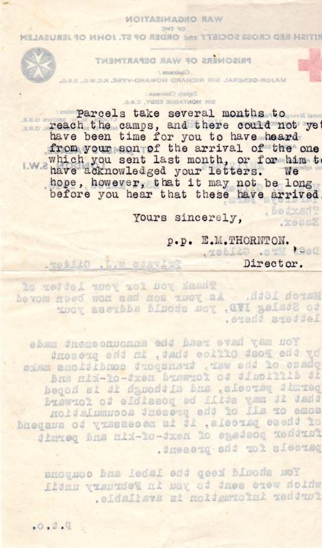 WJ Gilder letter from Red Cross noting POW Camp change Page 2