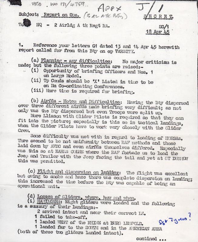 OS 3 Airlanding ATk Batt RA Report on Ops 18 April 1945 pg 1