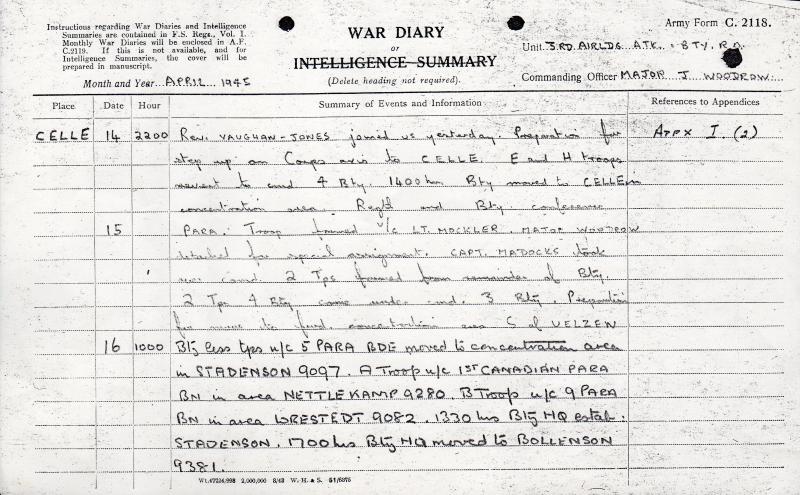OS 3 Airlanding Atk Batt RA War Diary April 1945 pg 1