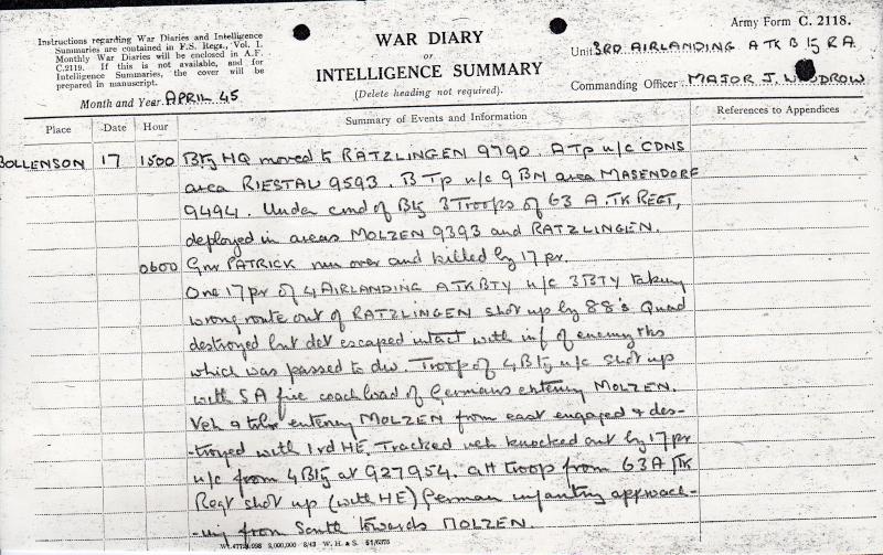 OS 3 Airlanding Atk Batt RA War Diary April 1945 pg 2