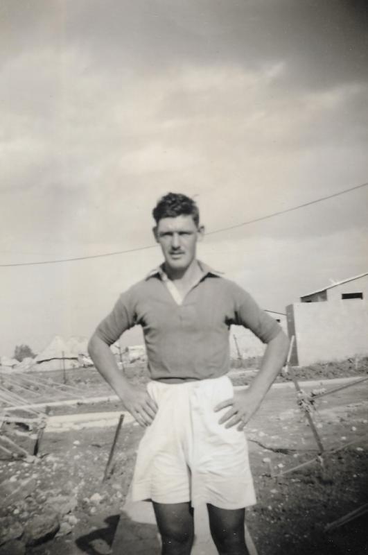 OS Reg Foley playing football, Palestine 1946/7