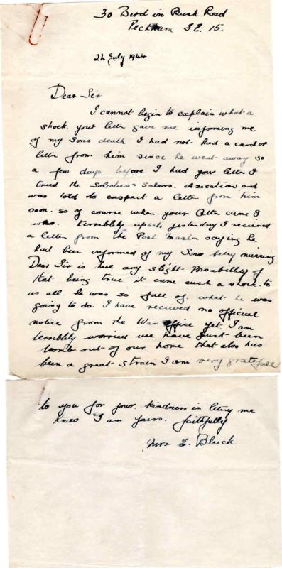 Letter from the mother of Pte H. Bluck to Major Parry