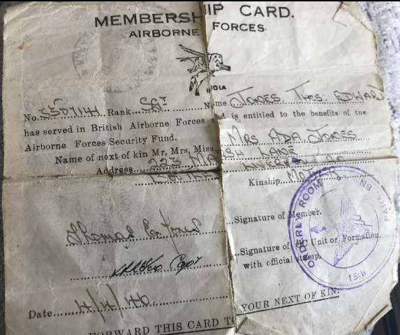 OS Airborne forces membership card for Sgt TE Jones 1946