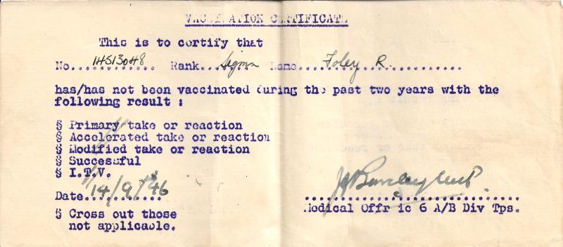 OS Vaccination Certificate to Sigmn Foley R.L 14.09.1946