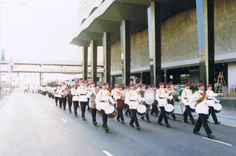 Colour image of 1 PARA band marching in the streets, Hong Kong, 1980.