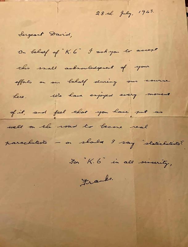 OS Letter from K6 to Sgt David 28 July 1943