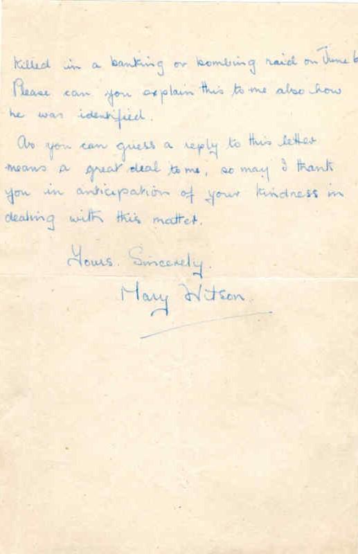 Letter from Mary Witson to Major Parry about the death of her fiance P. F. Walter