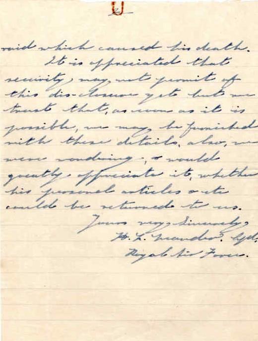 Letter from J. Mander's sibling to Major Parry about the death of J. Mander