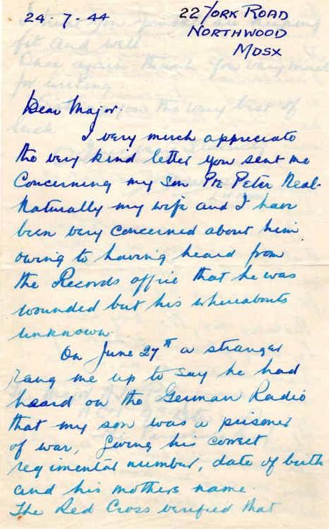 Letter from Mr L. Neal to Major Parry about his missing son P. Neal - Letter 1