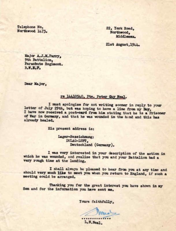Letter from Mr L. Neal to Major Parry about his missing son P. Neal - Letter 2