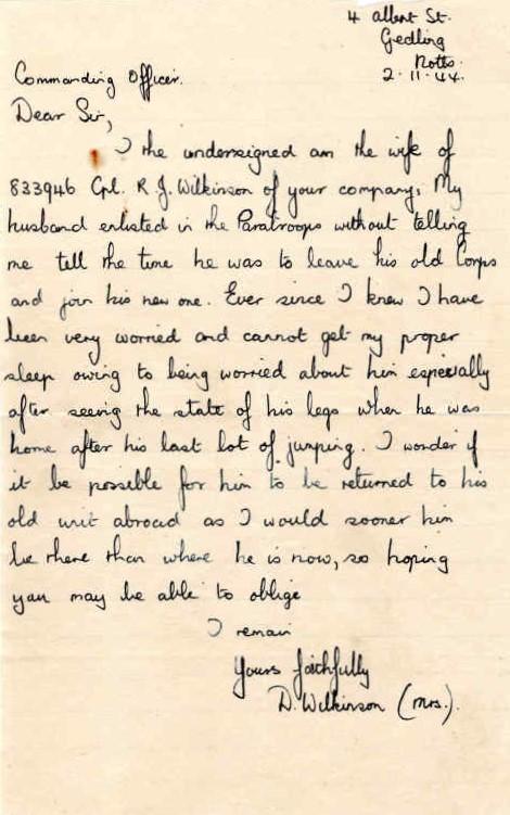 Letter from Mrs D. Wilkinson to Major Parry about her husband R. J. Wilkinson