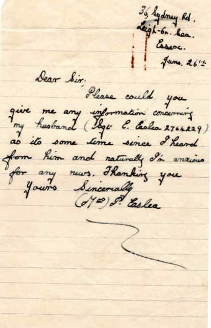 Letter from Mrs Easlea to Major Parry about her missing husband E. Easlea - Letter 1