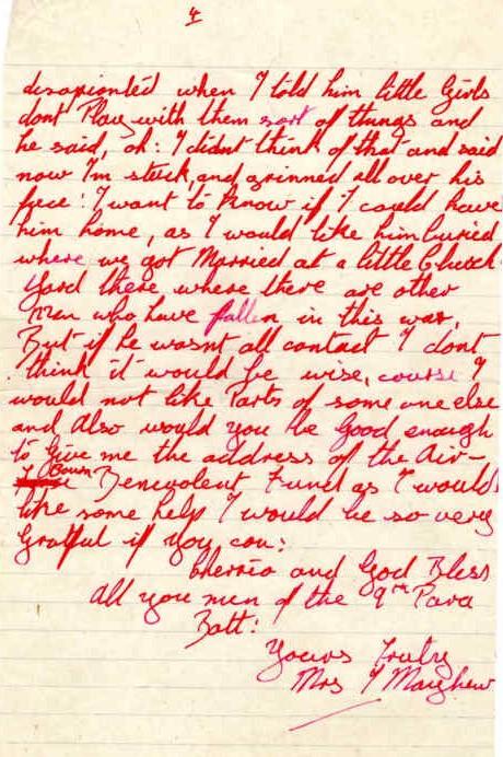 Letter from Mrs I. Mayhew to Major Parry about the death of her husband W. Mayhew