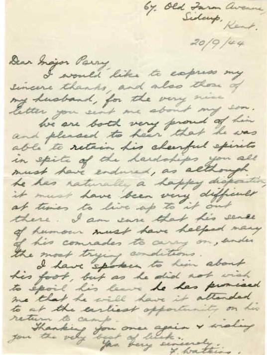 Letter from Mrs J. Watkins to Major Parry about her son S. Watkins