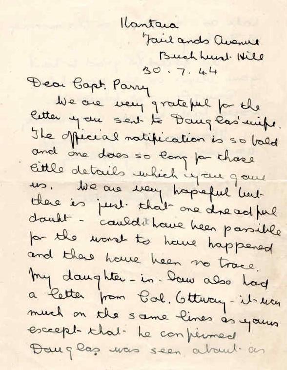 Letter from Mrs M. Catlin to Major Parry about the death of her son D. Catlin