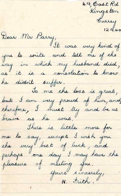 Letter from Mrs N. Frith to Major Parry about the death of her husband J. Frith