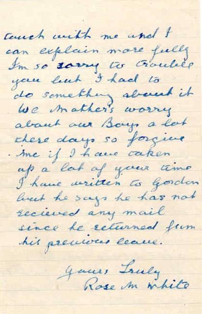 Letter from Mrs R. White to Major Parry about the health of her son G. White