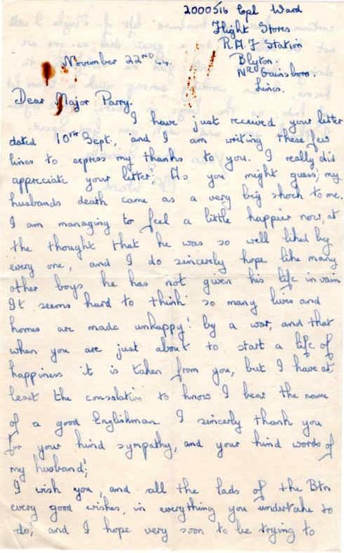 Letter from Mrs Ward to Major Parry about the death of her husband A. Ward