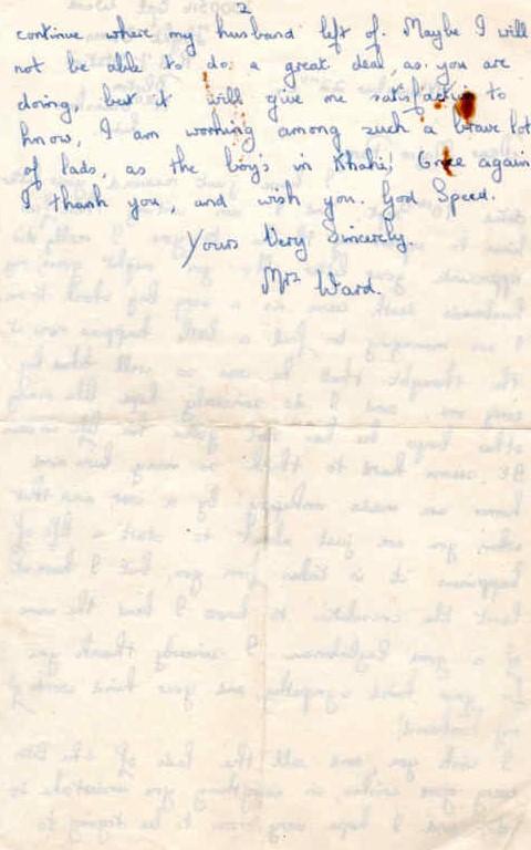 Letter from Mrs Ward to Major Parry about the death of her husband A. Ward