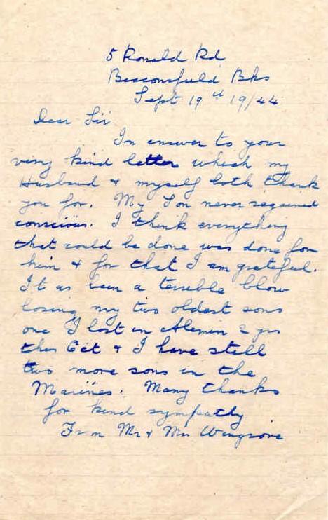 Letter from Mrs Wingrove to Major Parry about the death of her son F. Wingrove