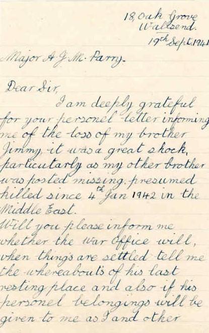 Letter from S. Mander to Major Parry about the death of her brother J. Mander
