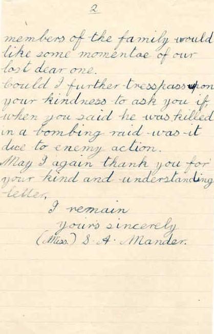 Letter from S. Mander to Major Parry about the death of her brother J. Mander