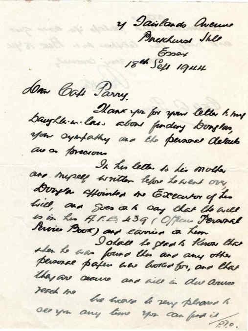 Letter to Major Parry from an unknown next of kin about the death of his son