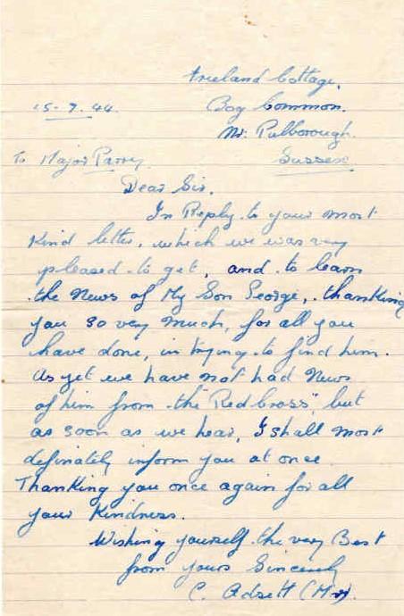 Letter from Mr & Mrs Adsett to Major Parry about their missing son G. Adsett - Letter 2