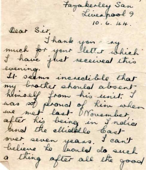 Letter from Mrs N. Greener to Major Parry about her missing brother J. Battle - Letter 1